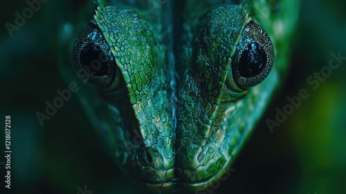 close-up of green reptile with striking yellow eyes, intricate scales