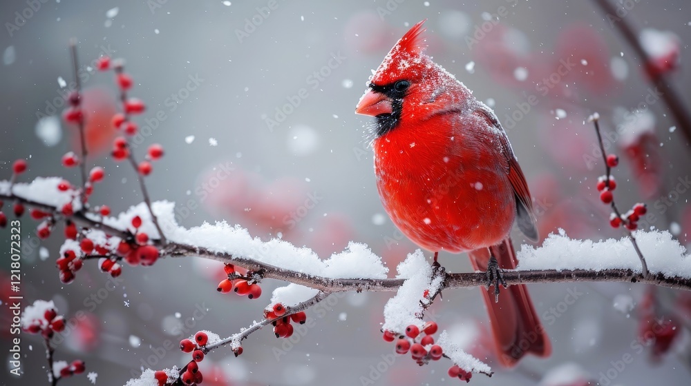 Obraz premium Majestic Cardinal Amidst a Snowy Landscape, Perfectly Contrasting Red Against the White Flurries