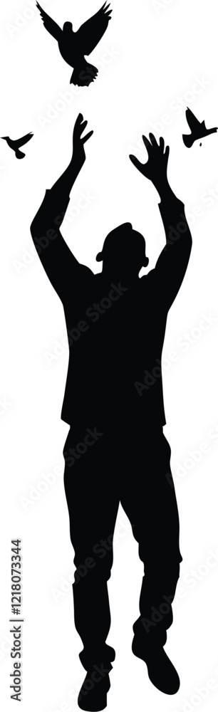 Silhouette of the guy lets go of the dove into the sky Silhouette of the guy lets go of the dove into the sky