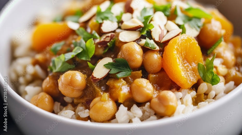 Close-up of rice and Moroccan chickpea stew with apricots and almonds in a white bowl, emphasizing sweet and savory qualities. Ideal for exotic cuisine and healthy meals. Close-up of rice and Moroccan chickpea stew with apricots and almonds in a white bowl, emphasizing sweet and savory qualities. Ideal for exotic cuisine and healthy meals.