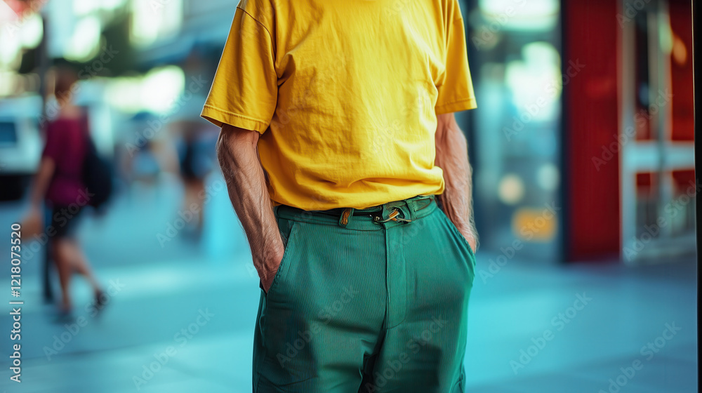 man in yellow shirt and green pants, casual street style