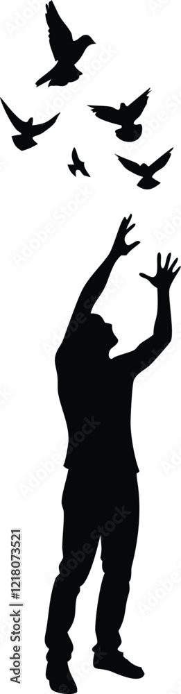 Silhouette of the guy lets go of the dove into the sky Silhouette of the guy lets go of the dove into the sky