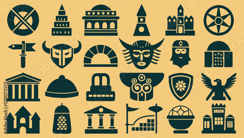 Flat icons depicting ancient civilizations with pyramids, helmets, columns, and ankhs in silhouette style