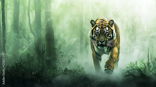 A majestic tiger strides through the misty, green forest in a captivating scene photo