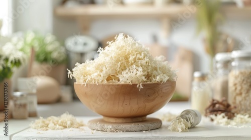 Dried White Sea Moss in Wooden Bowl on White Table in a Cozy Kitchen, Healthy Superfood Ingredient photo