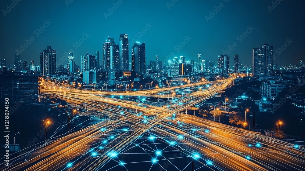 Fototapeta premium Night cityscape with illuminated roads and interconnected digital network City infrastructure urban design modern tech
