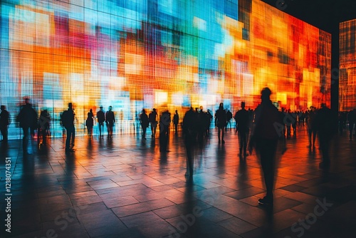 Silhouettes of people in a city, walking in front of a vibrant wall of light.