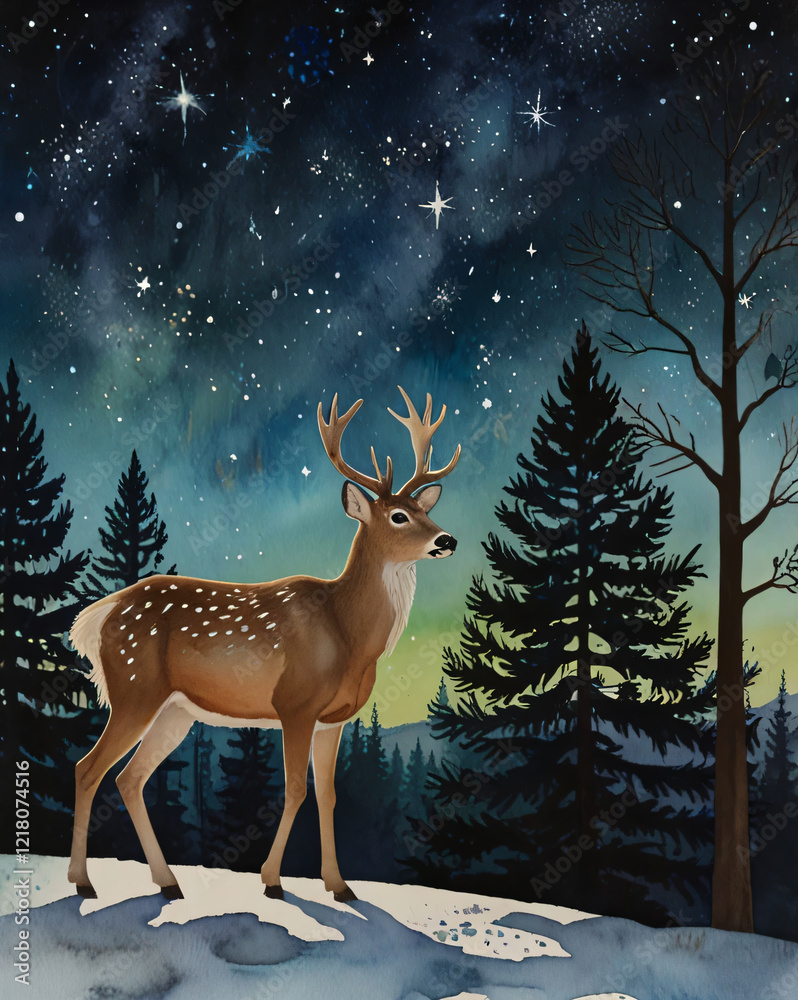 The deer in the forest at night is beautifully illustrated in this artwork. The deer in the forest at night is beautifully illustrated in this artwork.