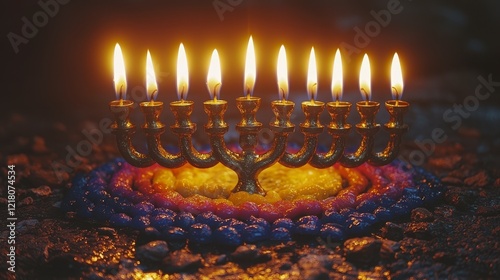 Golden menorah with lit candles, colorful stones, dark background.  Holiday celebration image photo