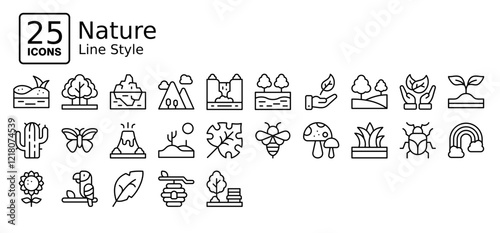Nature icons in outline style. Collection of Environtment, Landscape, Spring, Icon set in Line Style. Simple vector editable stroke, easy to use	
