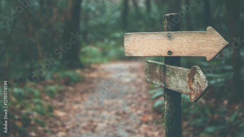 A forest path is marked by signs indicating truth and lie, provoking thought about choices and direction in nature's calm photo