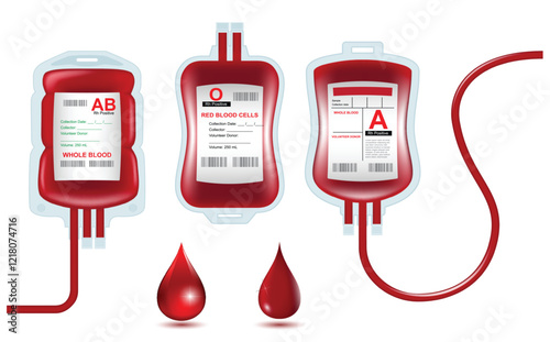 Set illustration of medical blood bags containing whole blood and red blood cells, featuring various blood types (AB Positive, O Positive, A Positive). The image includes details like labels, tubing, 