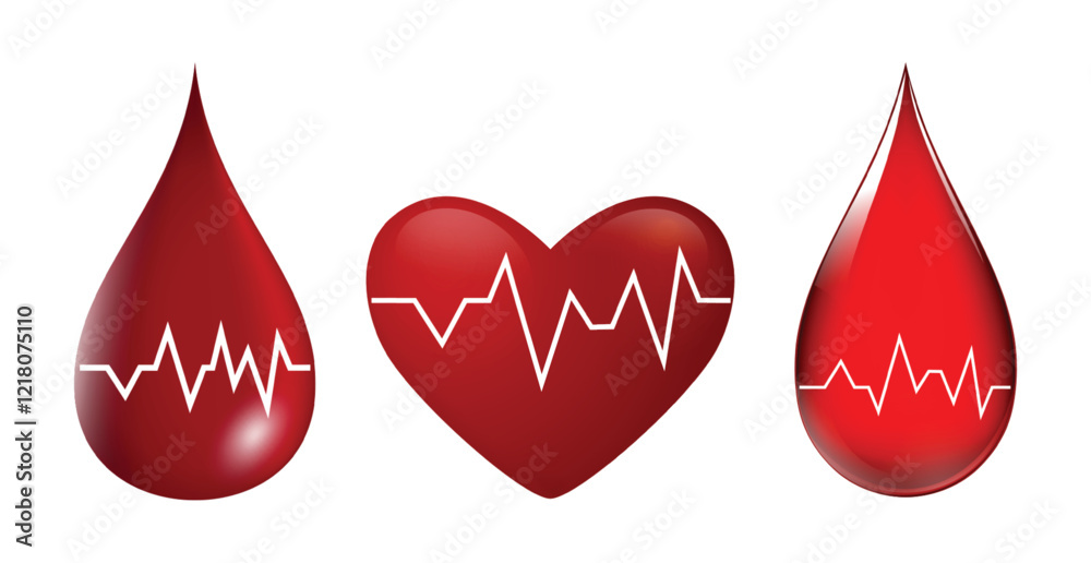 Obraz premium Set illustration of two blood drops and a heart, all featuring heartbeat wave patterns. This image emphasizes health, life-saving donation, and the importance of maintaining heart health. Perfect for 