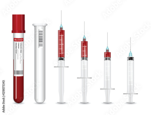 Set illustration of medical blood collection tools, including a blood sample tube, test tube, and syringes filled with blood. The design highlights the precision and essential tools used in