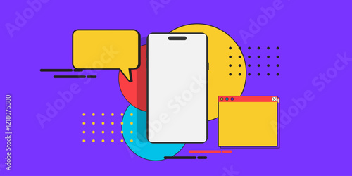 Contemporary pop art collage. Halftone collage with a tablet and phone blank screen mockup, Concept of social media addiction, popularity, influence, modern lifestyle.