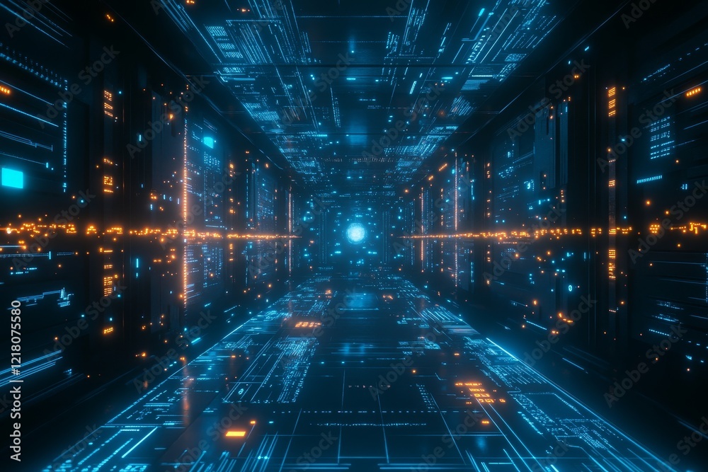 Futuristic digital tunnel with glowing blue and orange data streams. Futuristic digital tunnel with glowing blue and orange data streams.