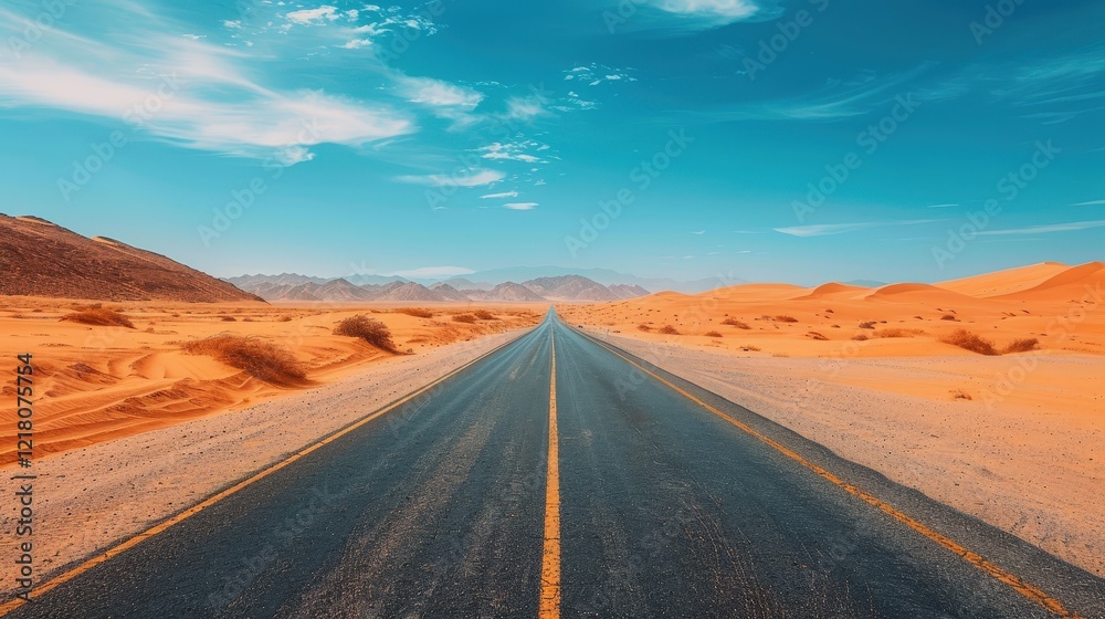 Fototapeta premium A Majestic View of a Desert Road Stretching Into the Horizon Under a Clear Blue Sky and Mountains