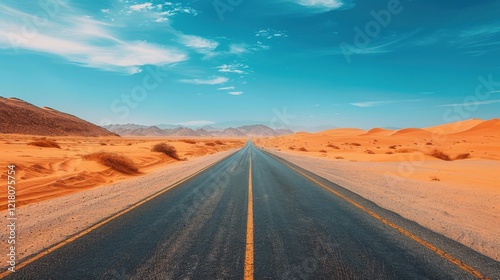 Wallpaper Mural A Majestic View of a Desert Road Stretching Into the Horizon Under a Clear Blue Sky and Mountains Torontodigital.ca