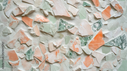 a close-up of a tactile mosaic of crystalline shards, shimmering with pastel hues of peach and mint, randomly arranged with a natural asymmetry