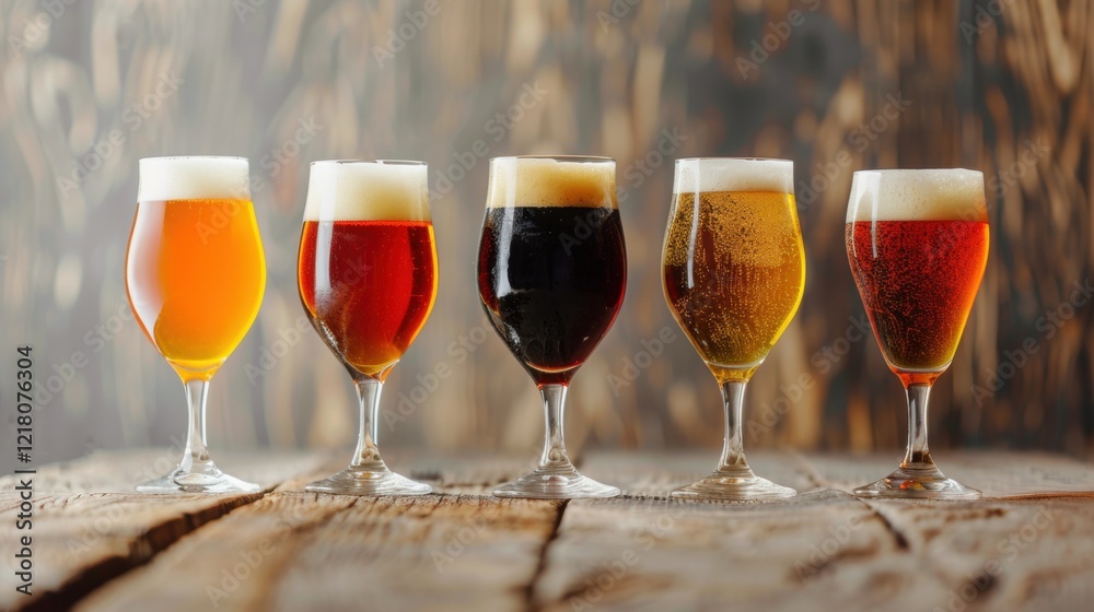 Various beer glasses display unique colors and styles on a rustic wooden table, creating an inviting atmosphere perfect for relaxation Various beer glasses display unique colors and styles on a rustic wooden table, creating an inviting atmosphere perfect for relaxation
