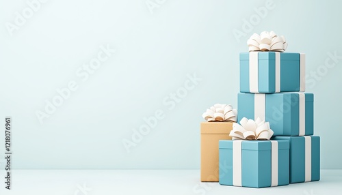 A serene arrangement of colorful gift boxes with decorative flowers against a light blue background