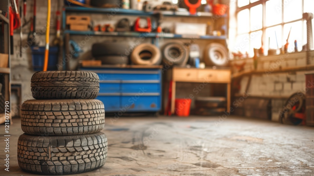 An auto workshop showcasing neatly stacked tires and a variety of tools on display, creating an organized work environment An auto workshop showcasing neatly stacked tires and a variety of tools on display, creating an organized work environment