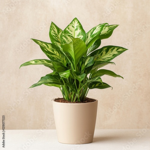 Dieffenbachia 'Camille' in a Beige Pot, Vibrant Green and Yellow Leaves