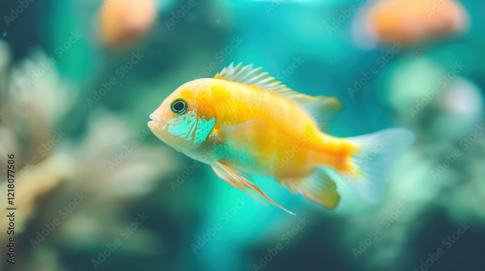 Naklejka premium Brightly colored fish glide through a well-maintained aquarium teeming with aquatic plants, showcasing natureвЂ™s beauty and tranquility