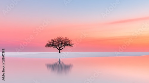 Serene sunset over a tranquil lake with a solitary tree reflecting in the water
