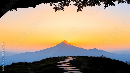 Serene sunset over a mountain peak with a winding path leading through the landscape
