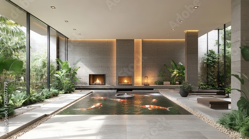 Luxurious indoor garden with koi pond, fireplaces, and natural light.