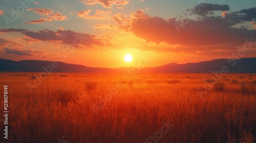 Breathtaking sunset over a vast golden field, with mountains in the distance under colorful clouds