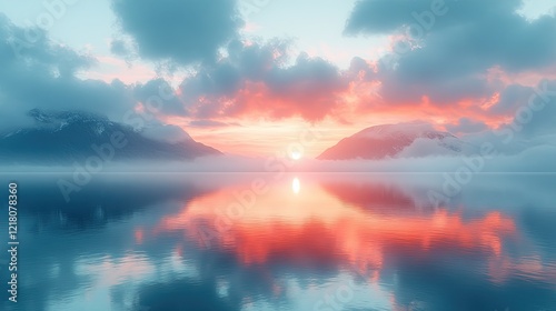 Serene sunset over tranquil lake reflecting vibrant clouds and mountains in the background