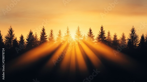 Serene sunrise illuminating a forest with rays of light piercing through the trees