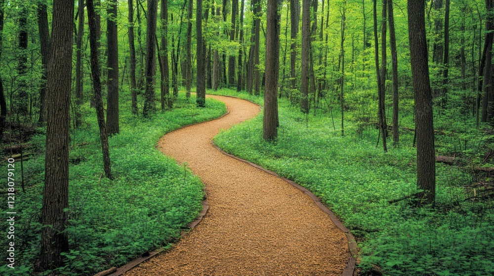 Obraz premium Winding path through lush green forest.