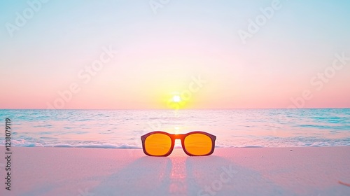 Sunglasses resting on a sandy beach at sunset, with a serene ocean view and pastel sky