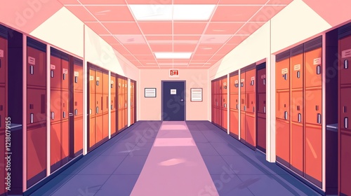 Cartoon style illustration of an empty school hallway with lockers and a single exit door