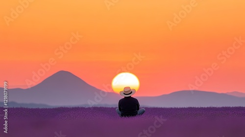 Serene sunset view of a person in a hat sitting in a lavender field, mountains in background