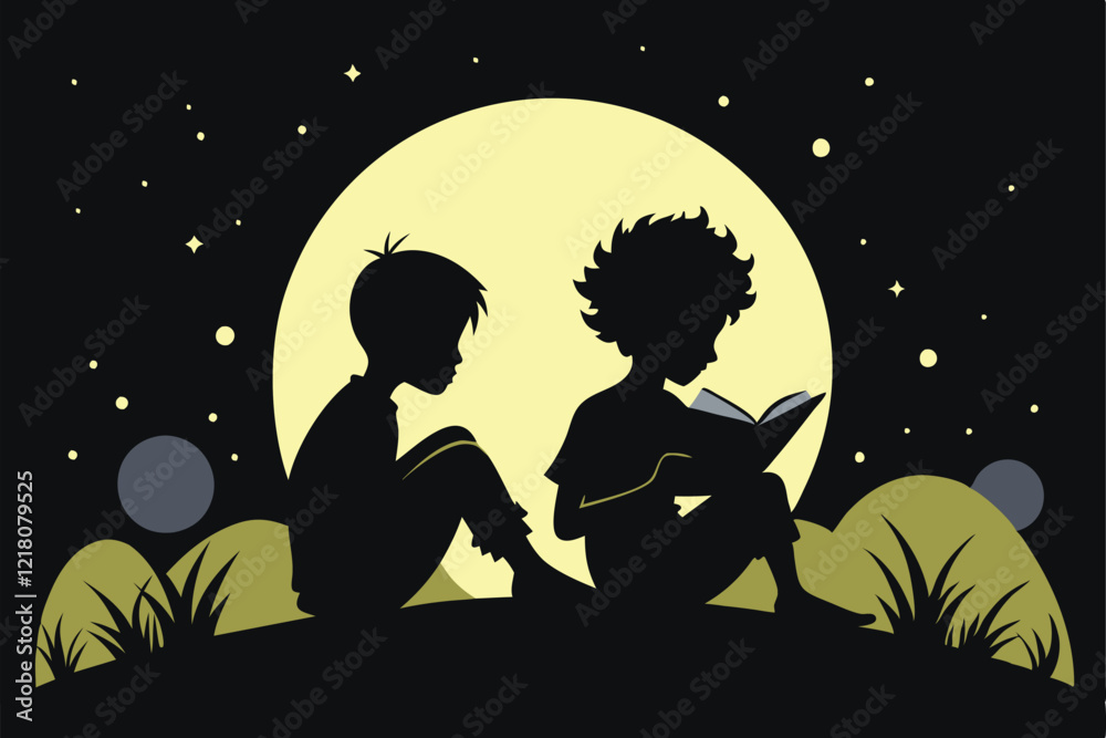 Silhouette Kids Reading a Book with Moon Background Silhouette Kids Reading a Book with Moon Background