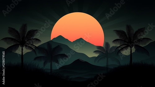 Vibrant sunset over silhouetted mountains and palm trees, creating a serene tropical landscape