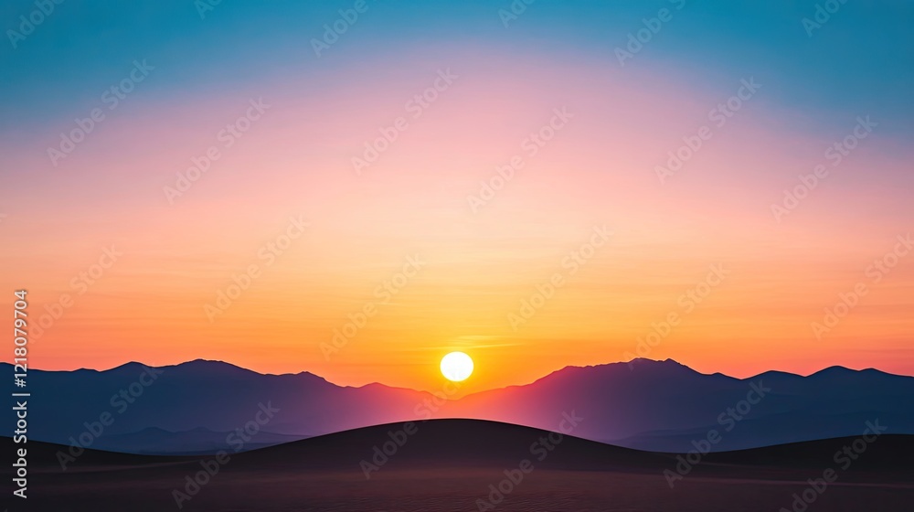 Fototapeta premium Serene sunset over rolling sand dunes with distant mountains, evoking tranquility and nature's beauty