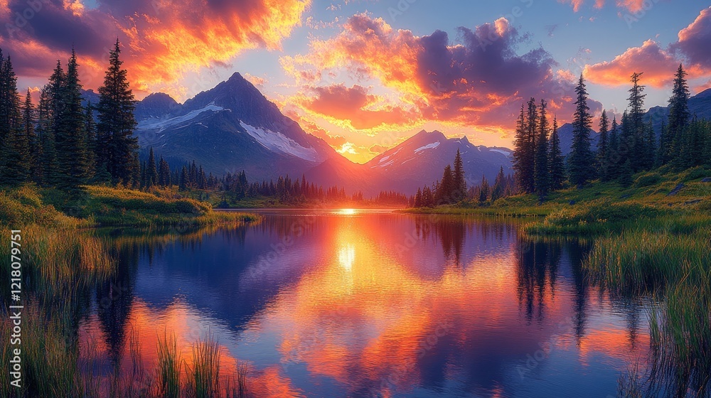 Serene sunset over a tranquil lake surrounded by majestic mountains and lush greenery Serene sunset over a tranquil lake surrounded by majestic mountains and lush greenery