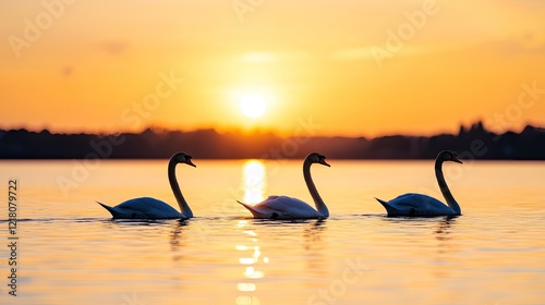 Three elegant swans gracefully swim across a tranquil lake at sunset, creating a serene atmosphere