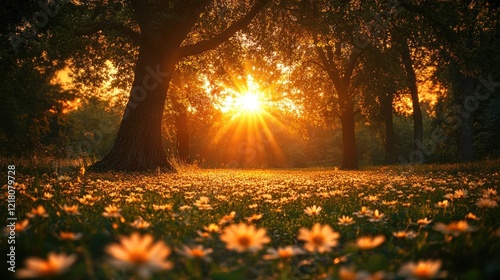 Serene sunset illuminating a meadow filled with daisies under towering trees in a tranquil park