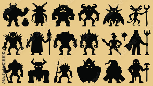 Flat icons showcasing fantasy creatures, including dragons, trolls, goblins, and elves