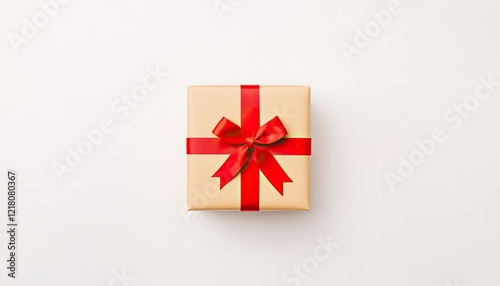 A beautifully wrapped golden gift box with a red ribbon and bow, set against a clean white background