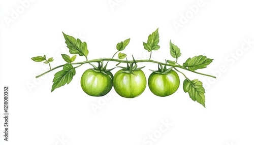 Three green tomatoes growing on a vine with lush leaves against a plain background