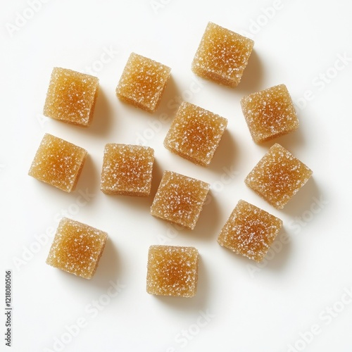 Scattered light brown sugar cubes on white background. photo