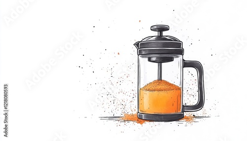 Illustration of a French press filled with vibrant orange powder on a clean surface with splashes
