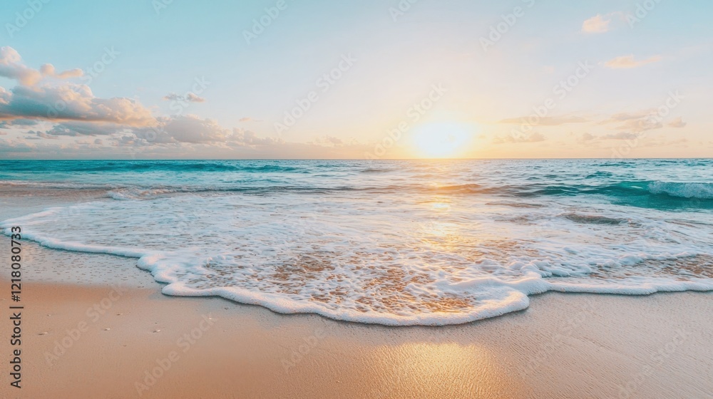 Obraz premium Seascape and waves dynamic, A serene beach scene at sunset, featuring gentle waves lapping against the shore under a pastel sky.